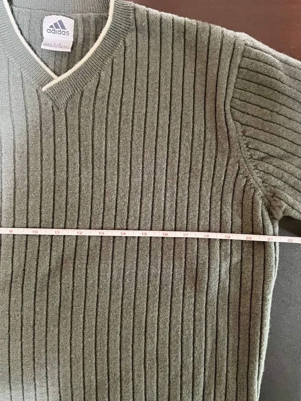 ADIDAS 2001 Vintage 100% Wool Ribbed V-Neck Sage/Gray Sweater